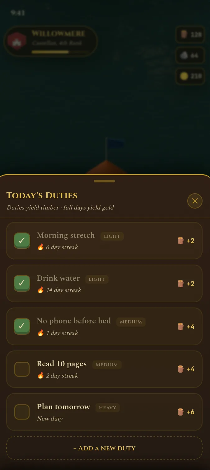Today's Duties screen: morning stretch, drink water, no phone before bed, read 10 pages and plan tomorrow, each with a streak and a timber reward