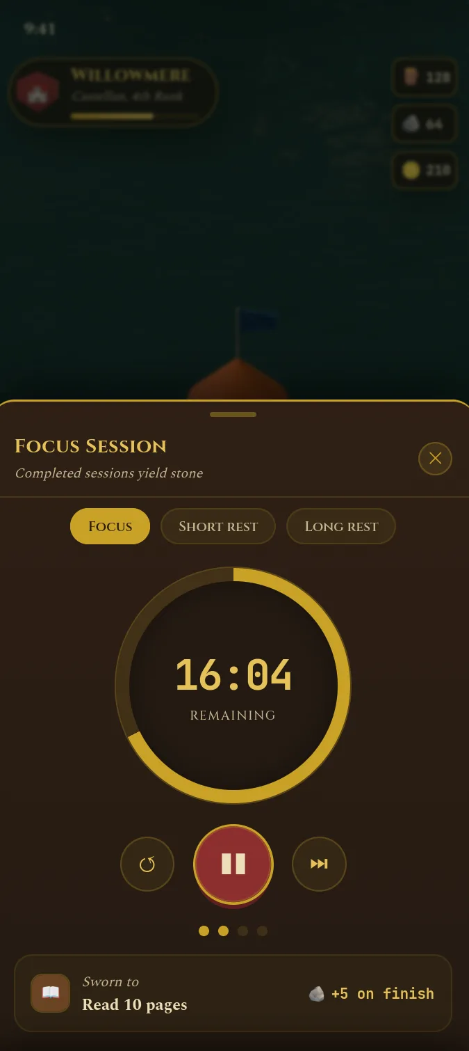 Focus Session screen: a gold ring timer reading 16:04 remaining, sworn to Read 10 pages for +5 stone on finish