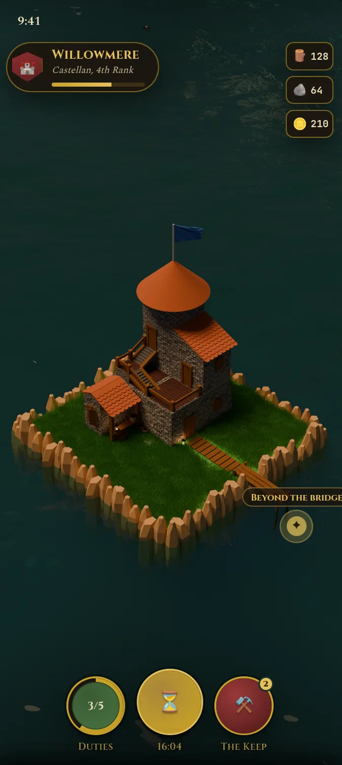 Vowkeep on a phone: an isometric island keep with a blue flag, and timber, stone and gold counters