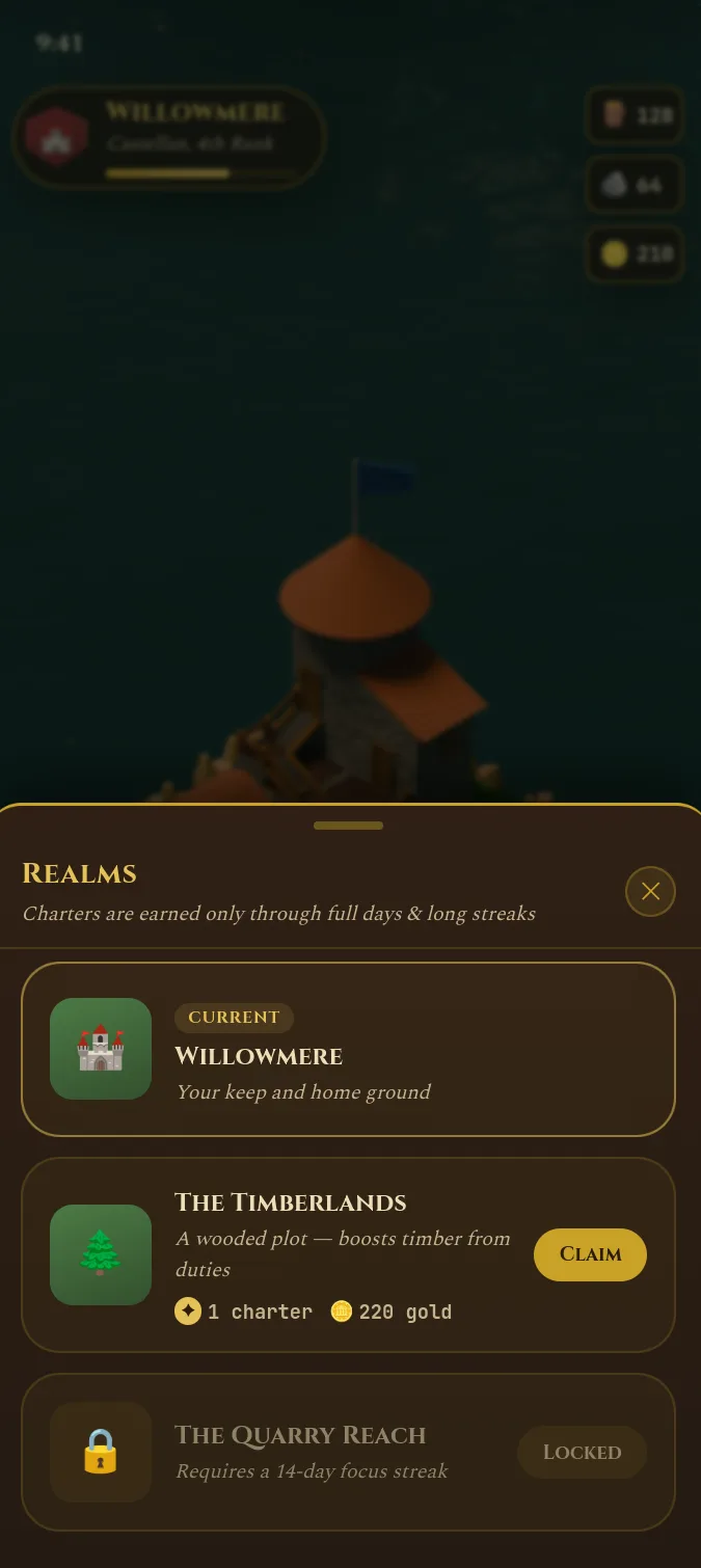 Realms screen: Vowkeep as the current realm, The Timberlands claimable for 1 charter and 220 gold, and The Quarry Reach locked behind a 14-day focus streak